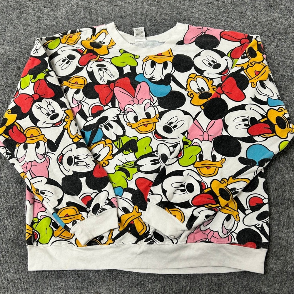 Disney Sweatshirt Womens XL White All Over Print Mickey Minnie Daisy Crewneck